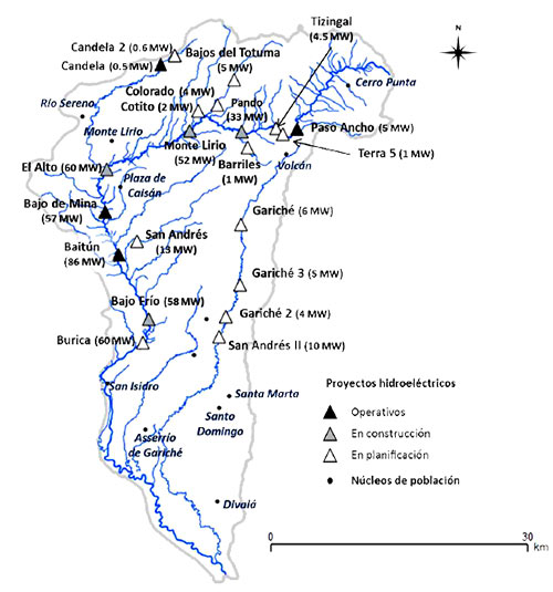 A map of existing, in construction, or planned hydroelectric projects in the Chiriqui Viejo Watershed, Panama, as of 2014. This map illustrates the potential cumulative impacts in nations with little regulation around cumulative effects.