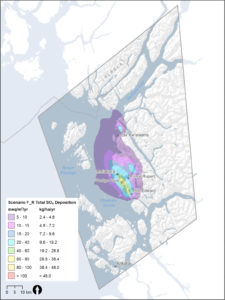 An example of a predicted Sulphur deposition map under just one of many future modelled air dispersion scenarios carried out for the airshed study.