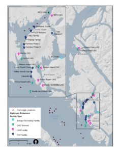 A map of the region around Kitimat and Prince Rupert, showing numerous LNG facilities and the ports and anchorages affiliated with LNG transport.