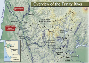 Map overview of the Trinity River showing location and key features, reproduced from the US Bureau of Reclamation Record of Decision brochure (USBR 2000).